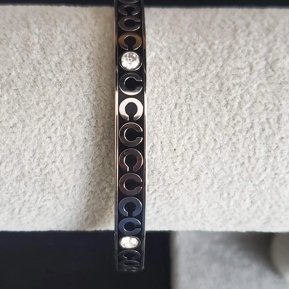 Coach Black and Silver Logo Bangle Bracelet with Crystal Accent
